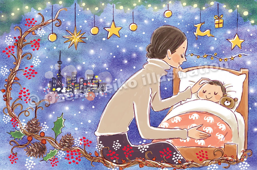 母と子供イラスト｜正岡子規の俳句、「十二月上野の北は静かなり」がテーマ
