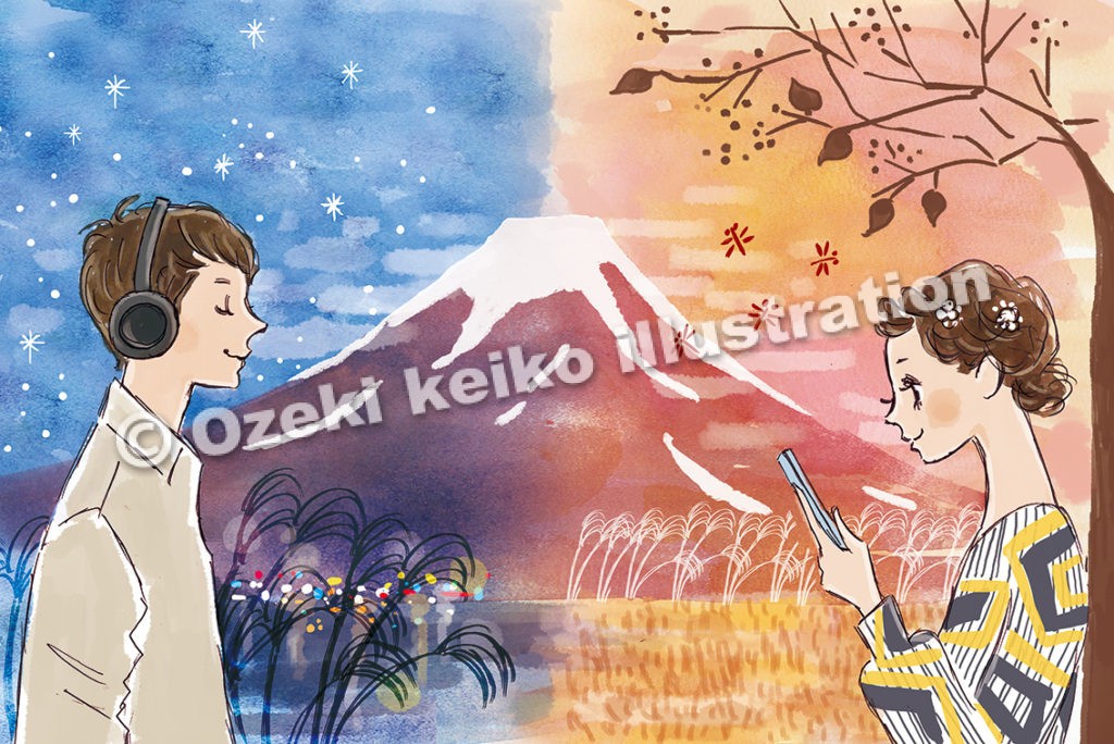 カップルイラスト｜正岡子規の俳句、「夕やけや星きらきらと秋の不二」がテーマ