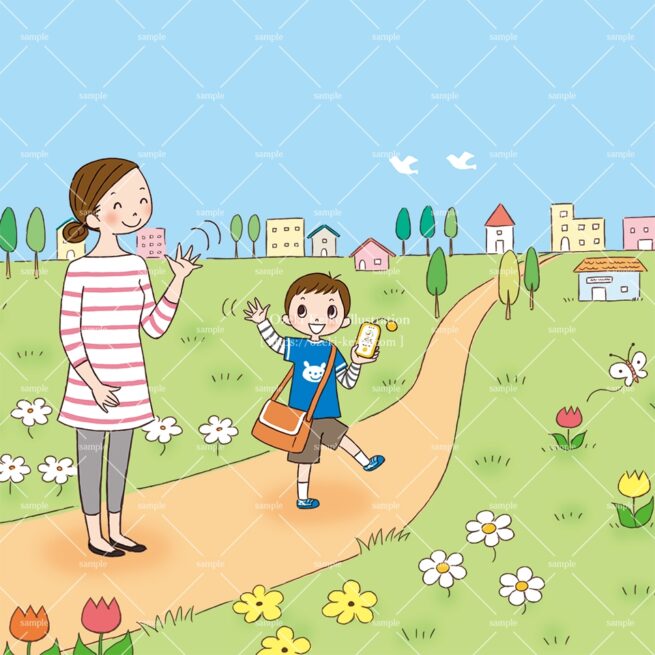 キッズ携帯を持ってお出かけする息子と見送る母親のイラスト