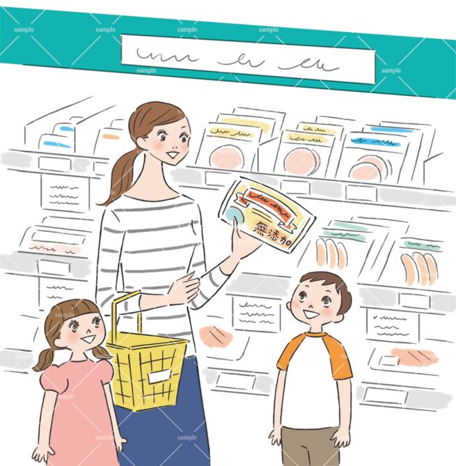 無添加の食品を選ぶ母親と子供たちのイラスト
