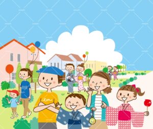 住宅展示場で楽しむ家族のイラスト