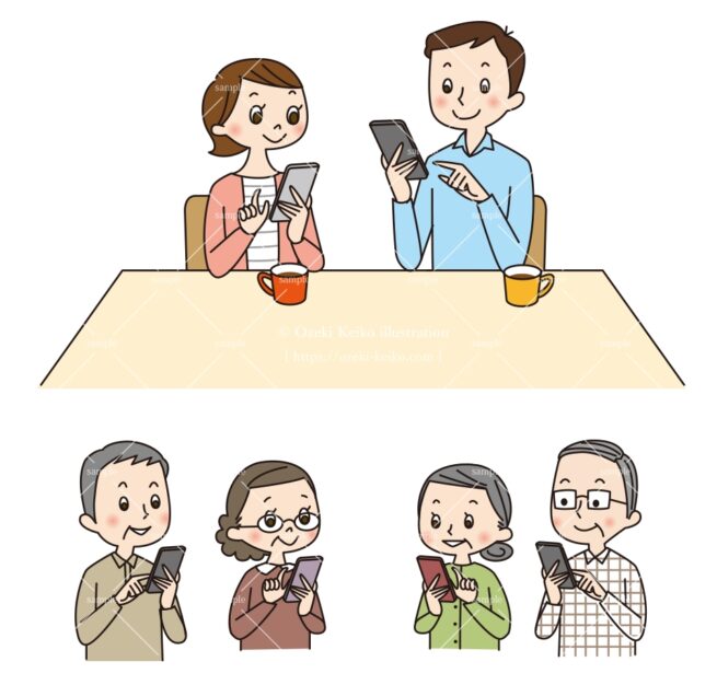 スマホを見る夫婦、熟年夫婦のイラスト