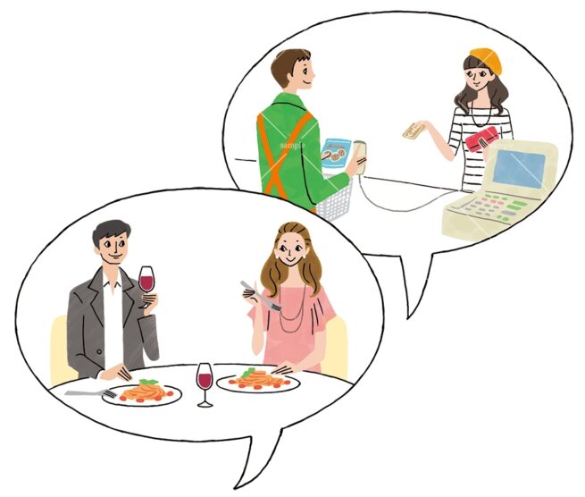 コンビニでカード決済を利用する女性、食事中のカップルのイラスト