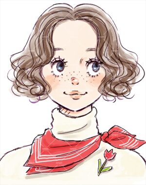 チューリップのアクセサリ―と赤いスカーフの女性イラスト