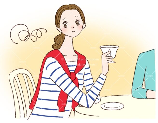 @cosume様　お茶をしながら困っている女性イラスト