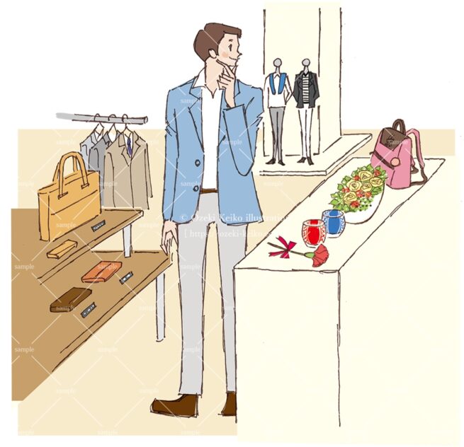 百貨店で楽しそうにショッピングをする男性