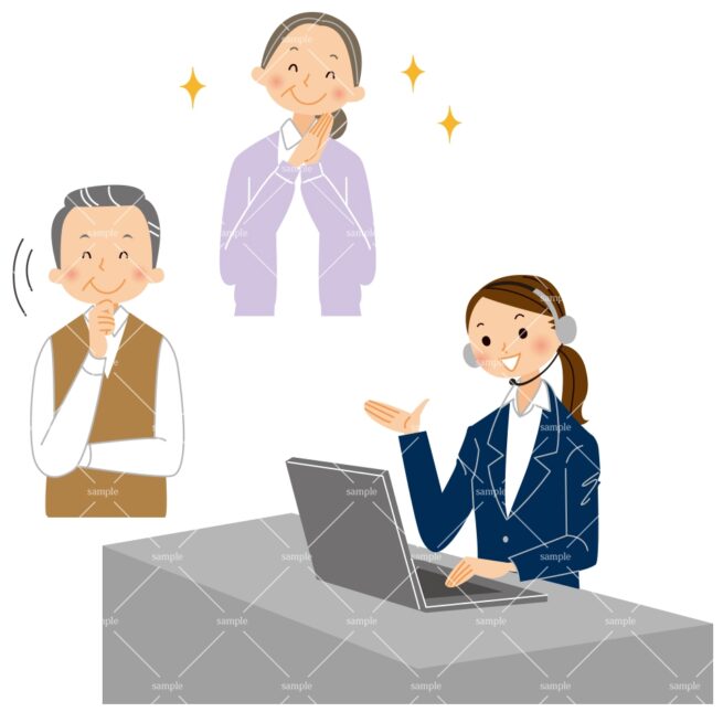 電話オペレーターの説明に納得する熟年女性男性のイラスト