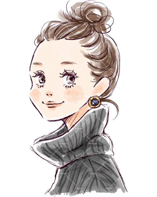 ざっくりタートルネックのお団子ヘア女性イラスト