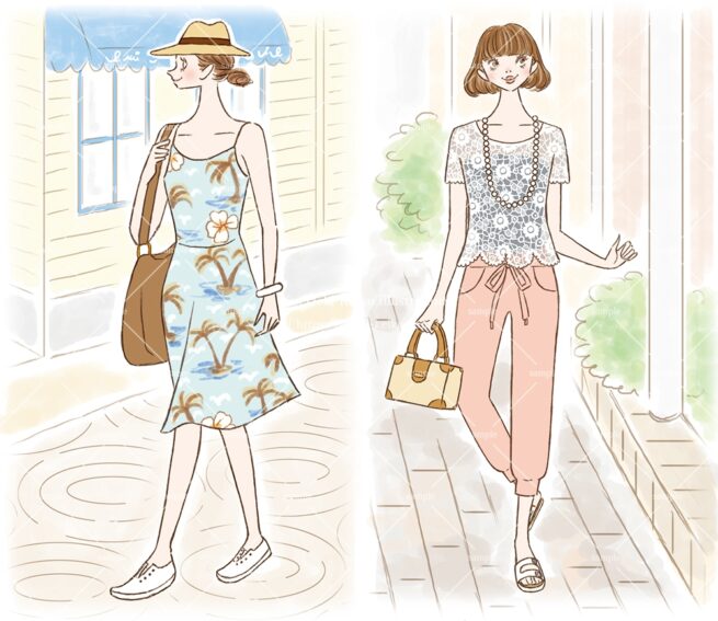 産経新聞の連載コラム『半歩踏み出すおしゃれ講座』vol.13「ビーチ感まとい街も闊歩」の挿絵