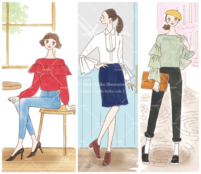 産経新聞の連載コラム『半歩踏み出すおしゃれ講座』vol.43「ひらりフリル　大胆に大人顔」の挿絵