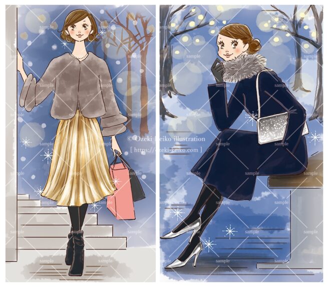 産経新聞の連載コラム『半歩踏み出すおしゃれ講座』vol.53「冬の装い　きらめきで彩り」の挿絵