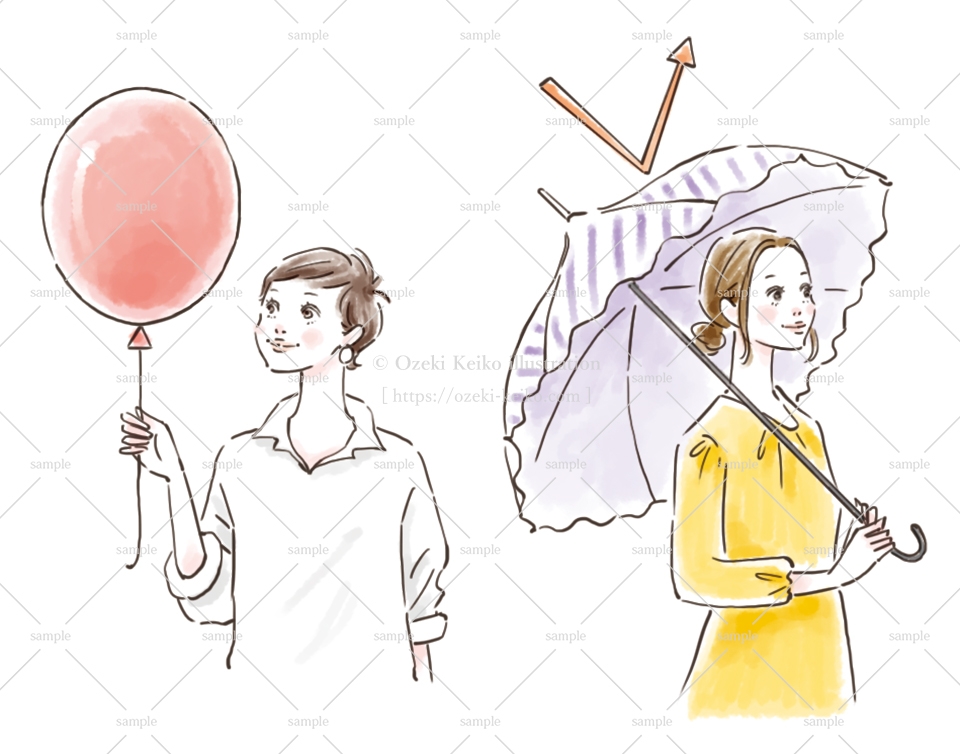 風船を持つ女性と、日傘をさす女性のイラスト