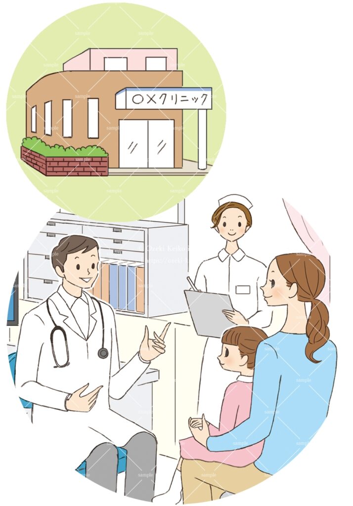 医療機器メーカー様 パンフレット用イラスト クリニックで診察を受ける母娘