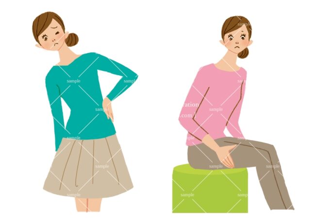 腰痛の女性、足に不調を感じる女性イラスト