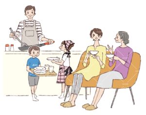 料理をする父親、お手伝いをする子供、お茶をする祖母と母のイラスト