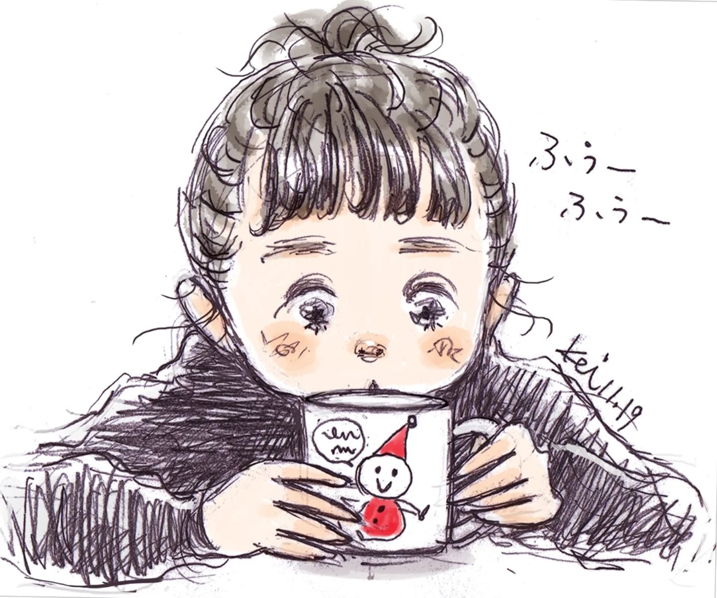 ふぅーふぅー☁️☁️

 #illustration #イラスト#冬イラスト #子供イラスト #女の子イラスト#ozekikeiko#小関恵子