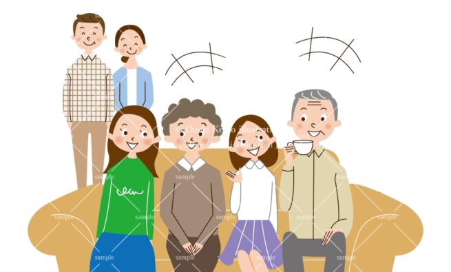 祖父母と孫娘たちがソファで談笑、笑顔の両親のイラスト
