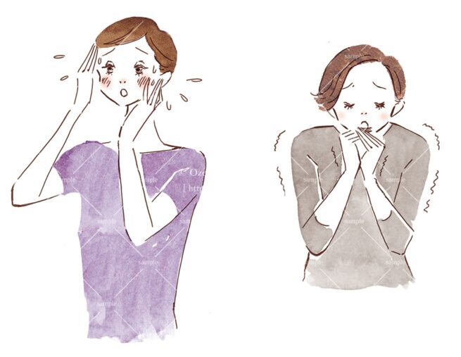 ホットフラッシュに困る女性、冷え性に凍える女性のイラスト