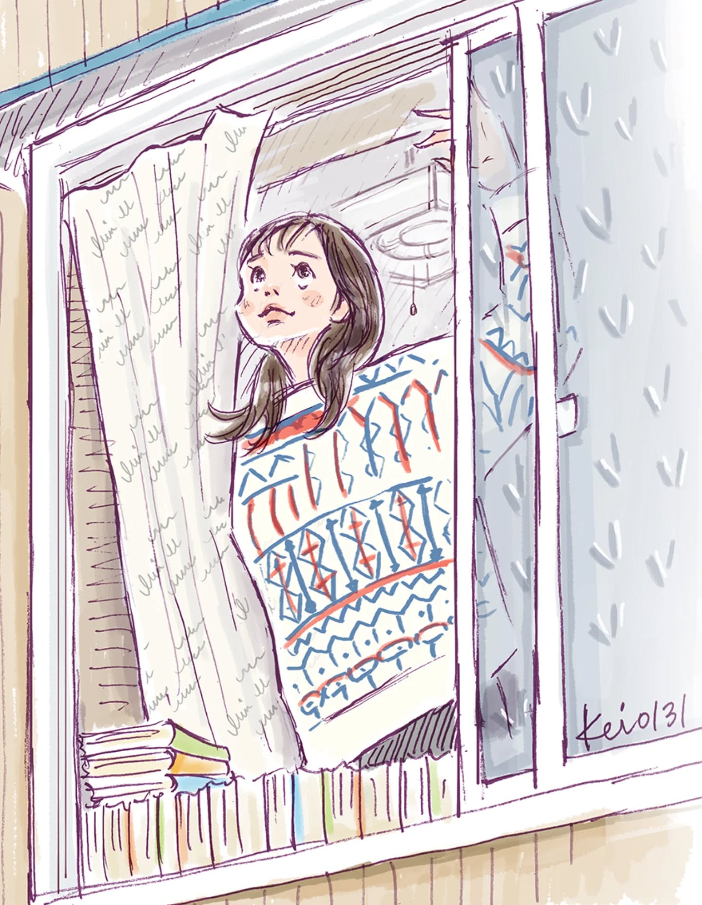 本当にどこにいるのかな〜、寅さん。　

満男の部屋の窓から空を眺めるあけみ👩
昭和な部屋も、セーターも、レトロなすりガラスも、ぜんぶ好き✨

寅さんはストーリーも面白いけど、
ところどころに可愛いものが出てきて目が釘付けになる👀
テレビの上の置物とか、
寅さんが売ってるものとか😆

男はつらいよ　柴又より愛をこめて🎥
#illustration #イラスト #昭和レトロ