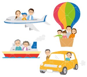 飛行機、飛行船、船舶、車で旅行する家族のイラスト