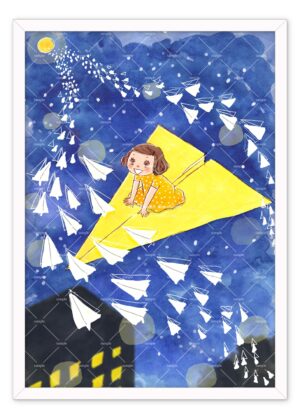 紙ヒコーキで夜空を飛ぶ女の子のイラスト<br><small>【2L判／簡易フレーム入】</small>