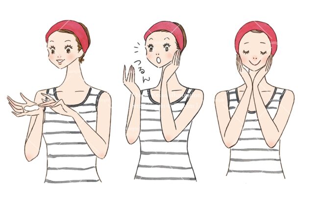 髪をアップしてお肌のお手入れをする女性のイラスト