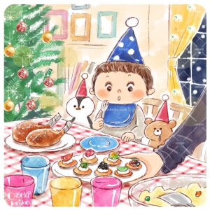 クリスマスのご馳走にびっくりする男の子イラスト
