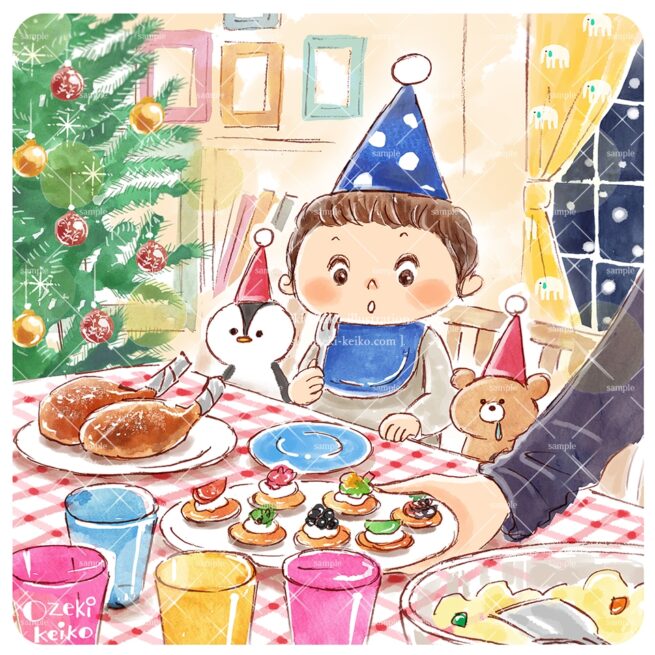 クリスマスのご馳走にびっくりする男の子イラスト