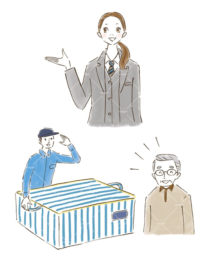紹介する女性ビジネスマン、引っ越し業者、熟年男性のイラスト