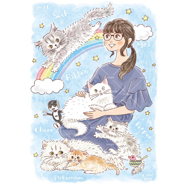 女性と猫の似顔絵イラスト