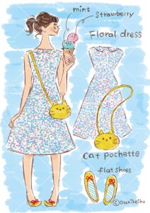 アイスを食べる夏服ファッションの女性イラスト