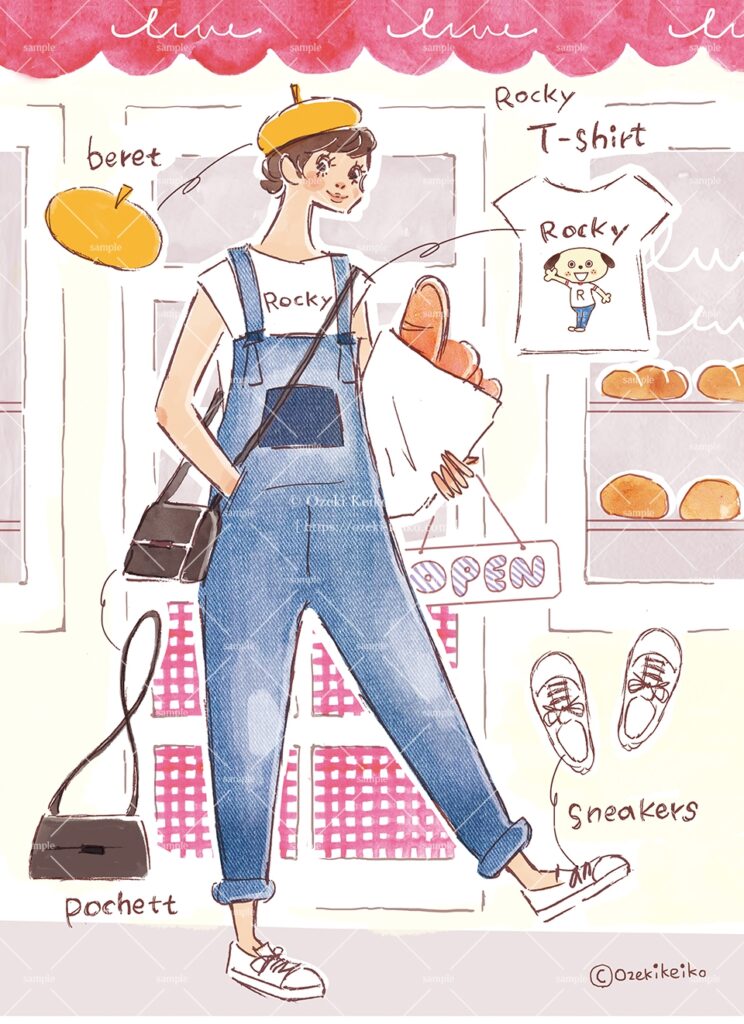 オーバーオールの女性イラスト