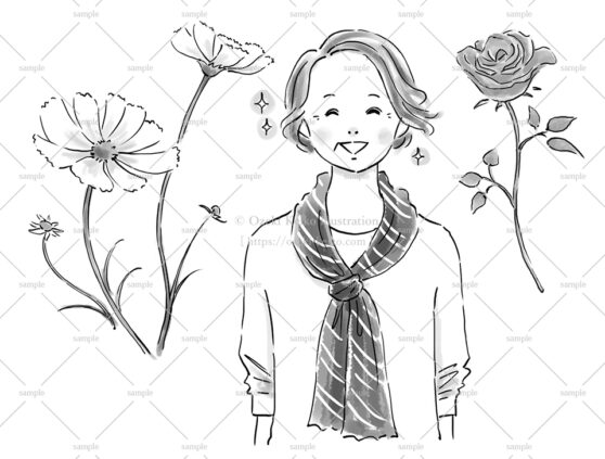 花を背景に微笑む熟年女性イラスト