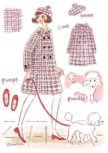 プードルを散歩中の冬服ファッションの女性イラスト