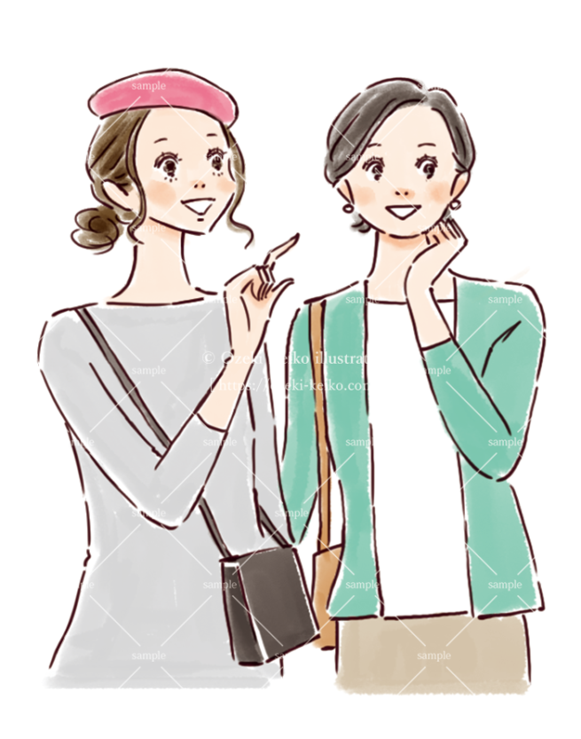 旅先を散策する母と娘のイラスト