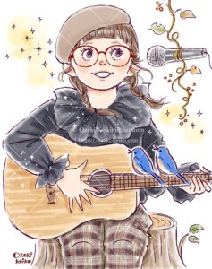 森でギターの弾き語りをする少女のイラスト