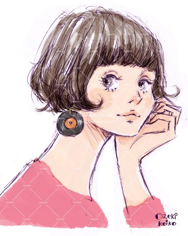 アナログレコード・イアリングのショートボブの女性イラスト