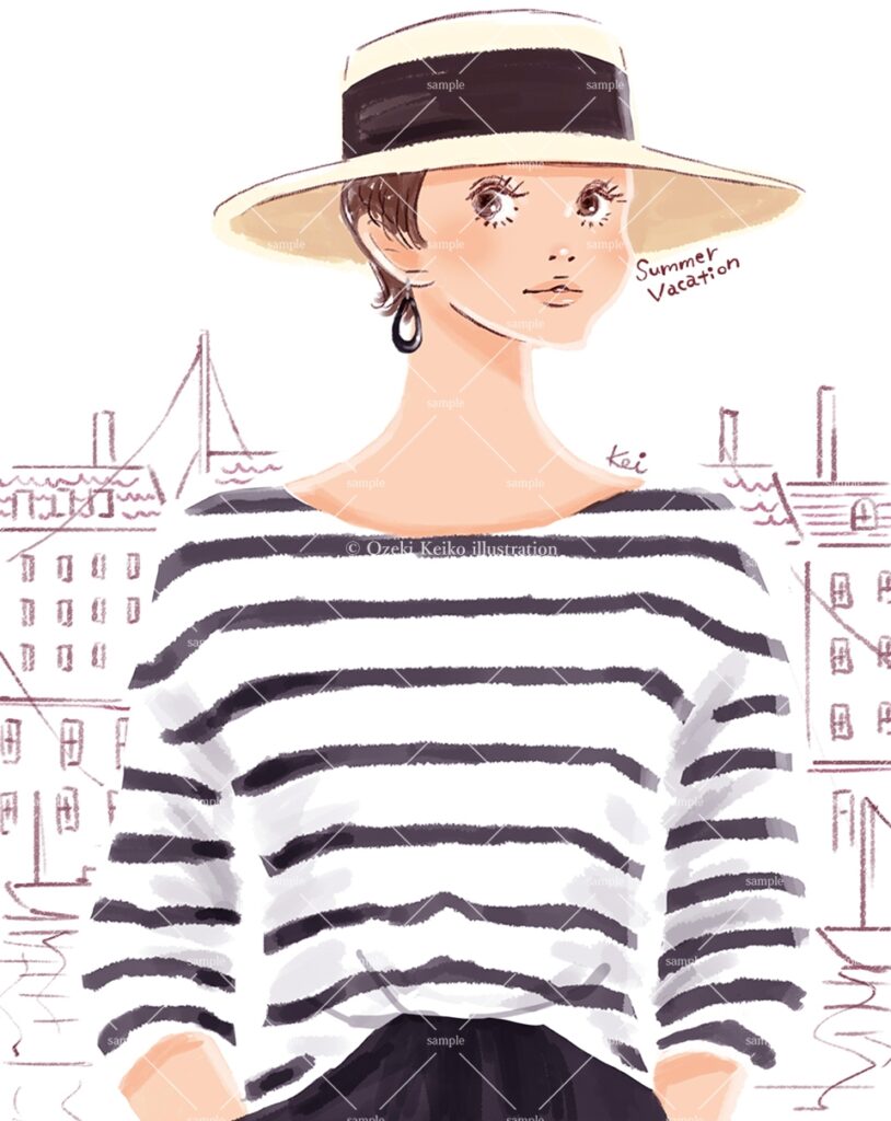 つば広ハットの夏ファッション女性イラスト