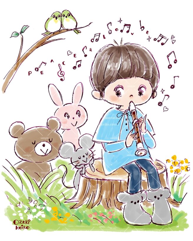 平和の笛を吹く男の子のイラスト