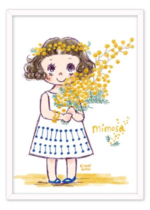 ミモザの花を抱く女の子のイラスト
