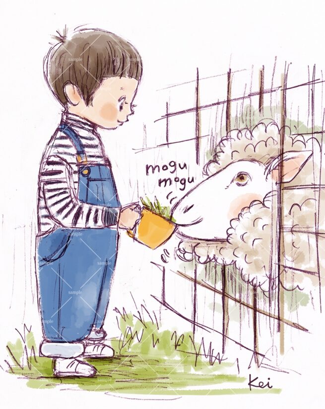大きな羊に餌をあげる男の子イラスト
