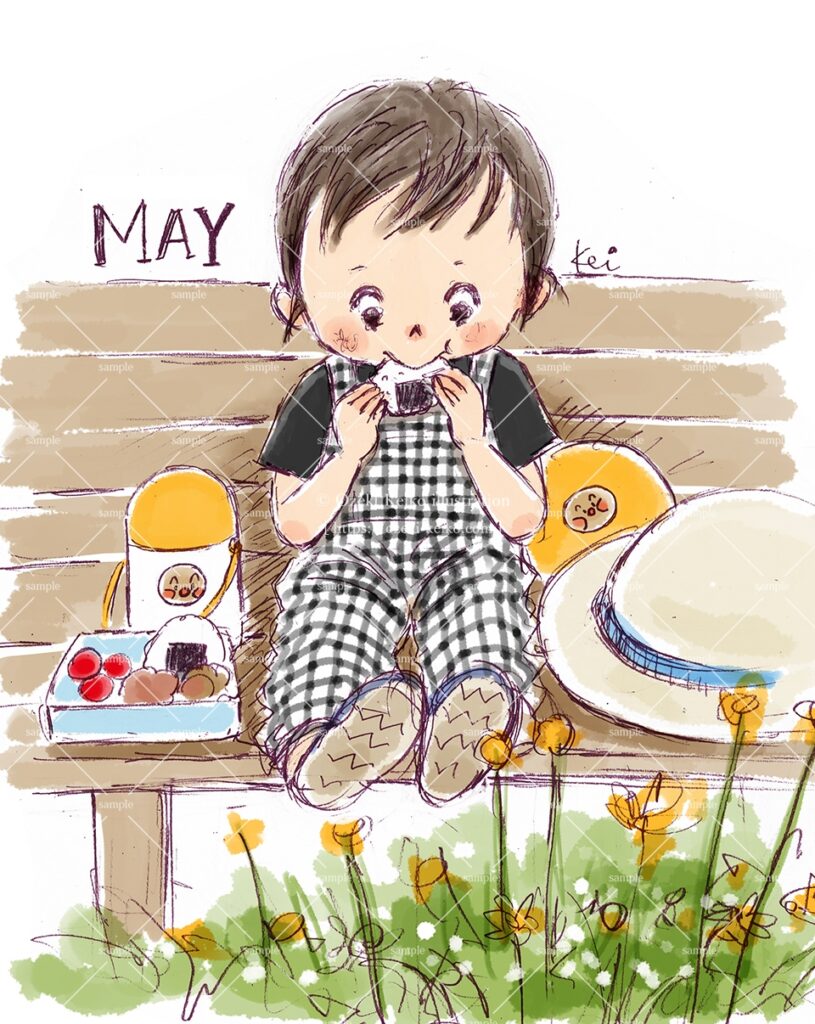 ベンチでおにぎりを頬張る小さな男の子イラスト