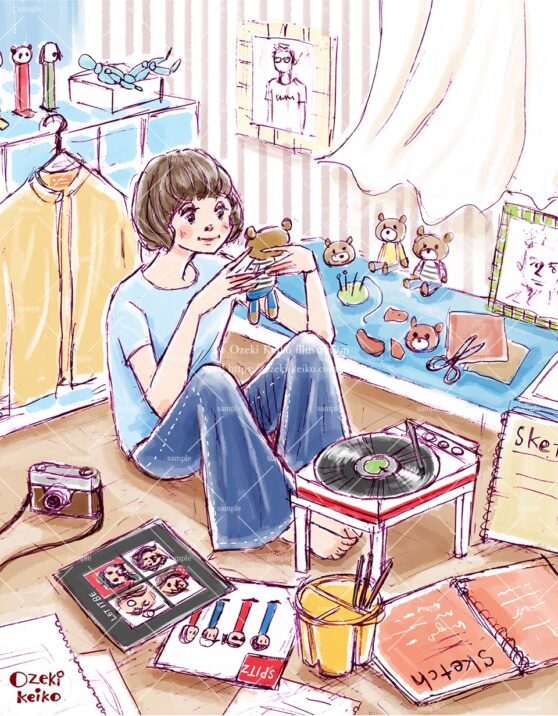 昭和な部屋でクマのぬいぐるみを作る女の子イラスト