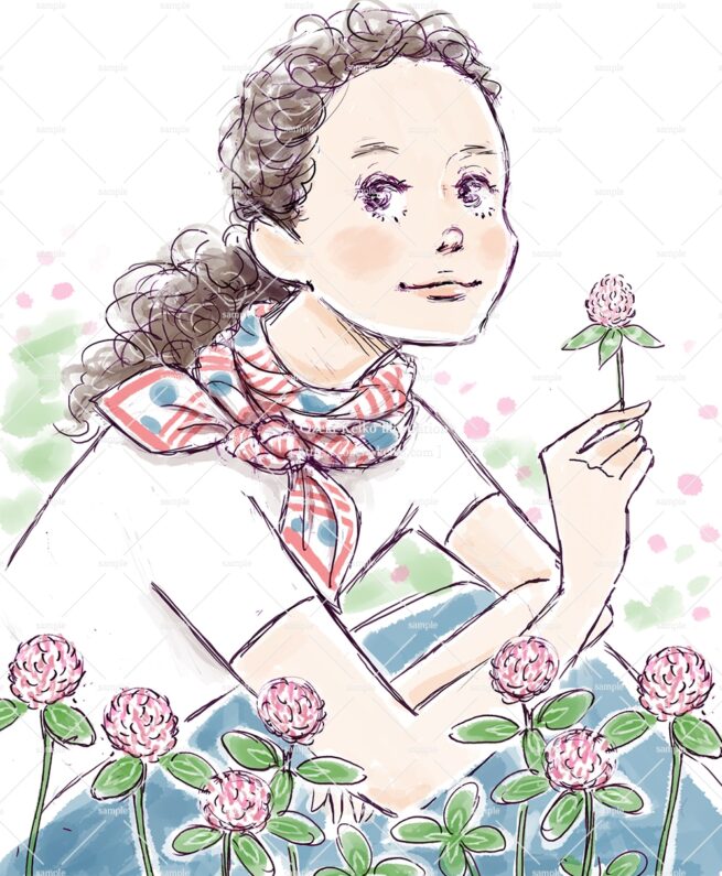 ピンクのシロツメクサを摘む女性のイラスト