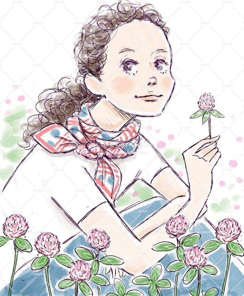ピンクのシロツメクサを摘む女性のイラスト