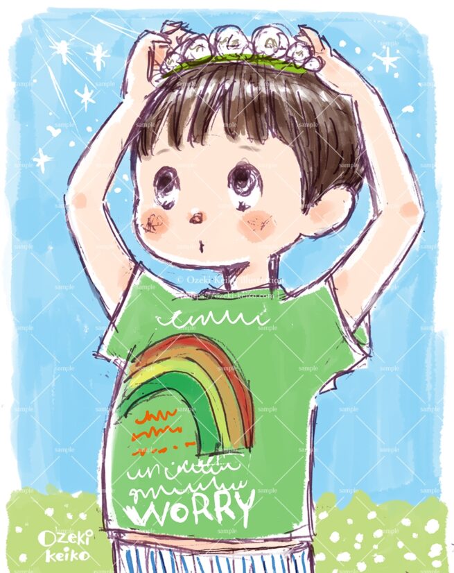 シロツメグサの王冠をかぶった男の子イラスト