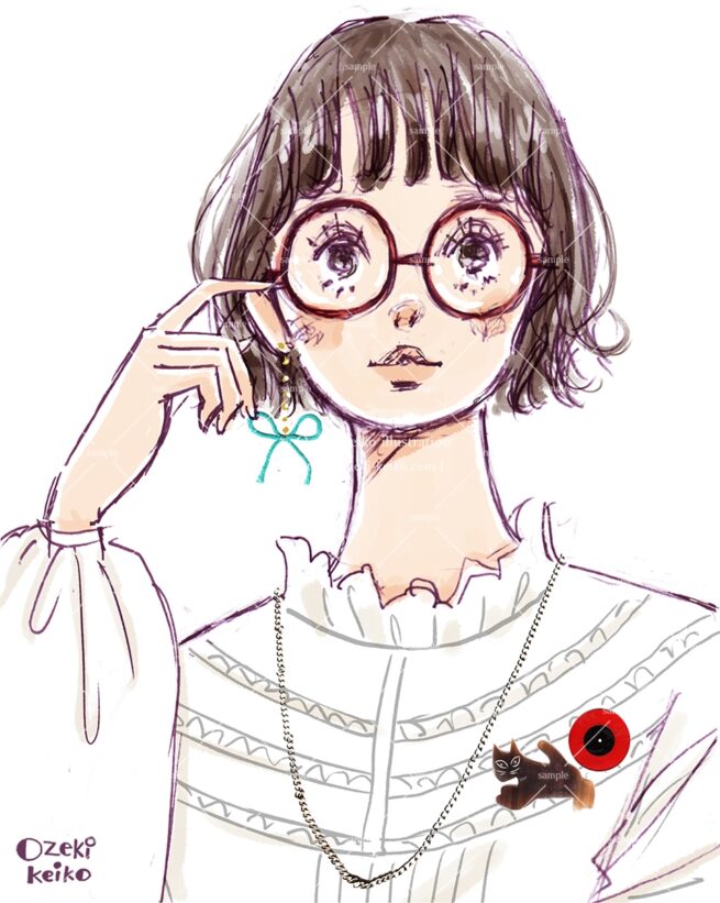 ショートボブの赤い丸メガネの女性イラスト