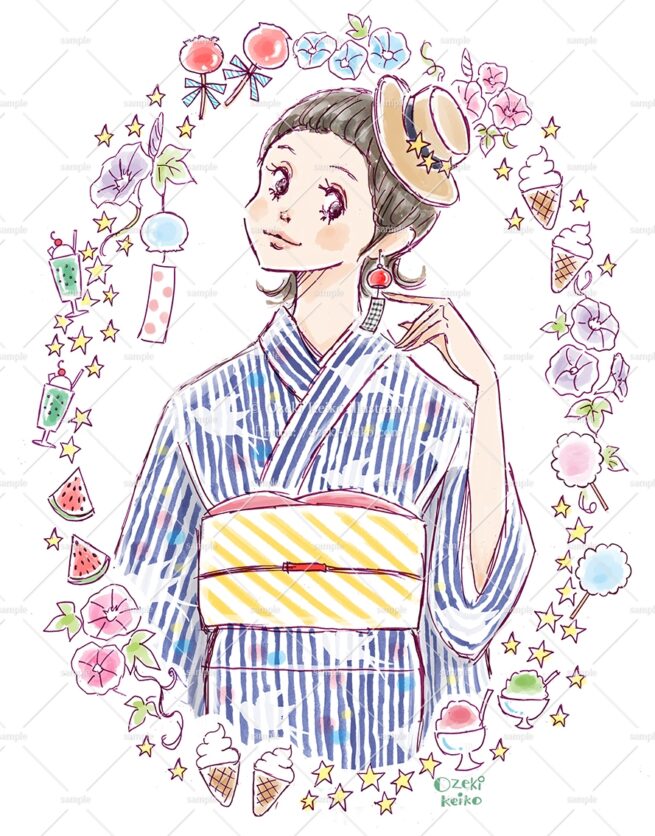 お洒落な浴衣に風鈴のイアリングをした女性のイラスト