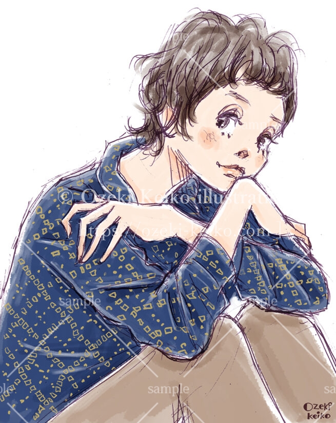 秋ファッションのアンニュイな雰囲気の女性イラスト