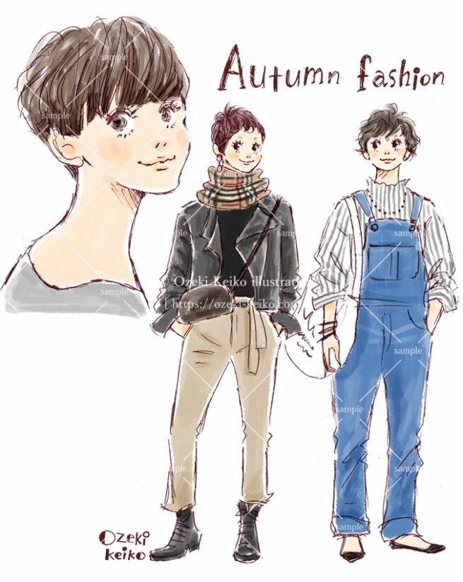 ユニセックスな秋ファッションの女性イラスト